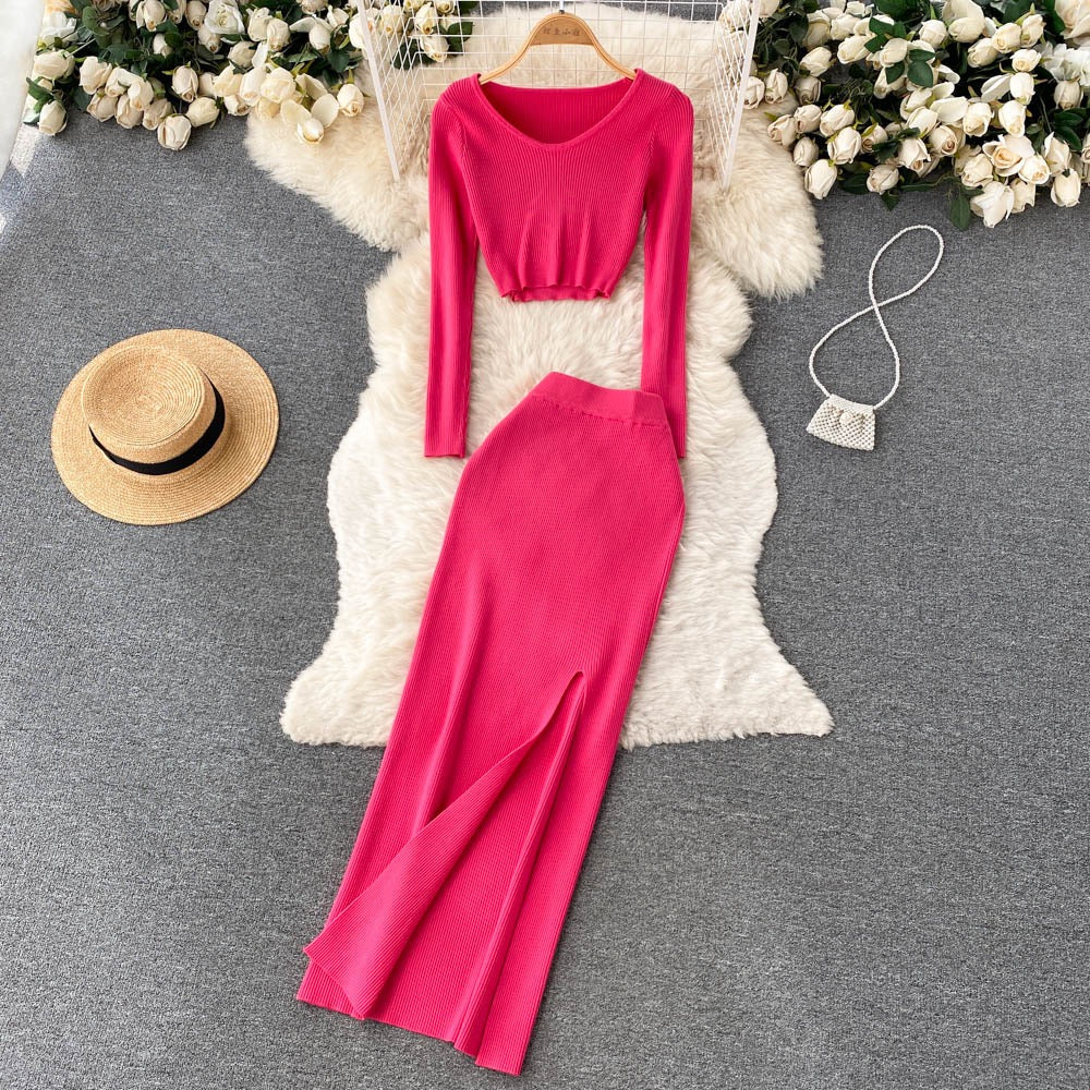 Knitted Crop Top And Slit Maxi Skirt Set